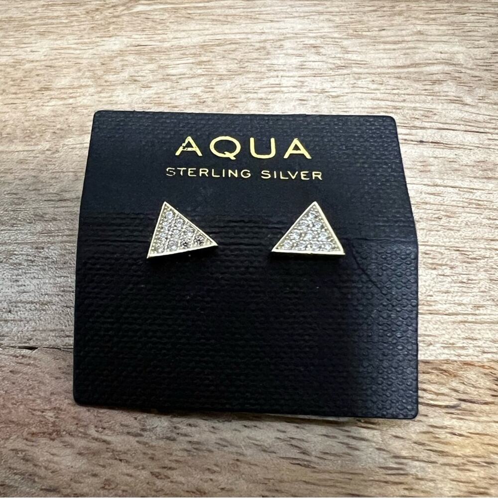 NWT AQUA Diamond Gold Sterling Silver Triangle Stud Earrings Sparkle Geometric